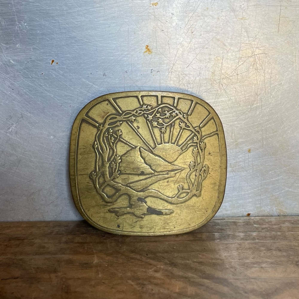 Vintage 70's Belt Buckle Solid Brass Tree of Life Sunrise Boho Hippie Art